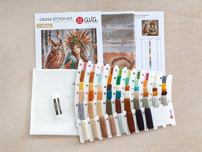 Dettaglio del kit ricamo AVA P019 – La regina della foresta
