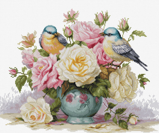 Cross Stitch Kit Luca-S - Vase with Roses and Birds, B7038