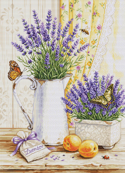 Decorative image of lavender, peaches, and butterflies with a white pitcher on a wooden surface.