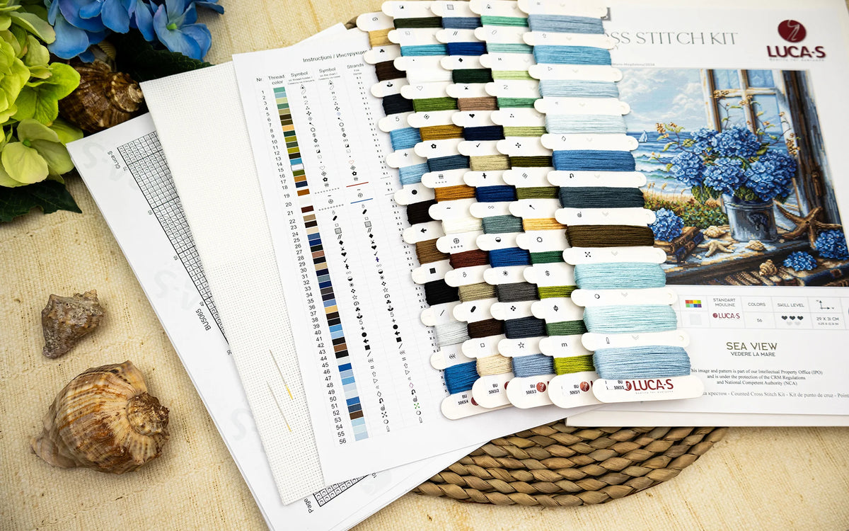 Contenuto del kit punto croce Luca-S BU5065 Vista sul Mare con filati, tela Aida e schema