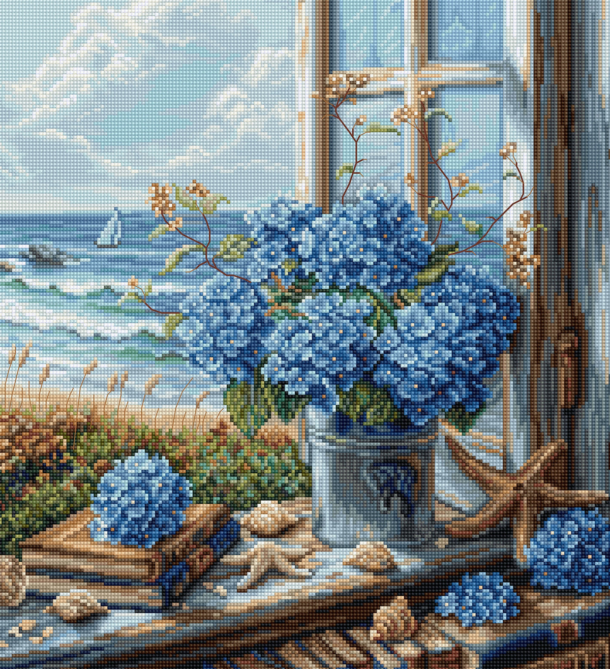 Kit punto croce Luca-S BU5065 Vista sul Mare con ortensie blu e panorama sul mare
