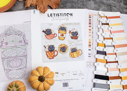 Cross Stitch Kit LETISTITCH  - Pumpkin Cup Kitties Kit of 6 pcs, L8092