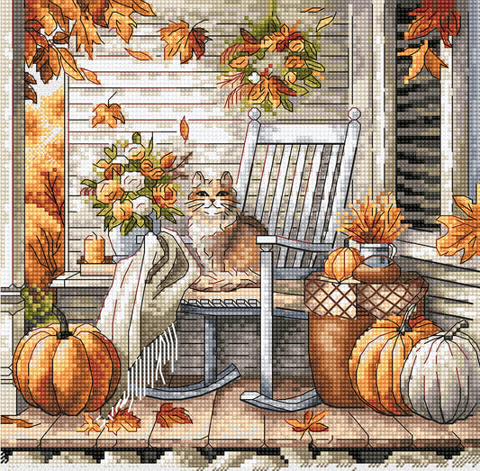 Schema digitale punto croce P101 Baffi d’Autunno con gatto, zucche e sedia a dondolo