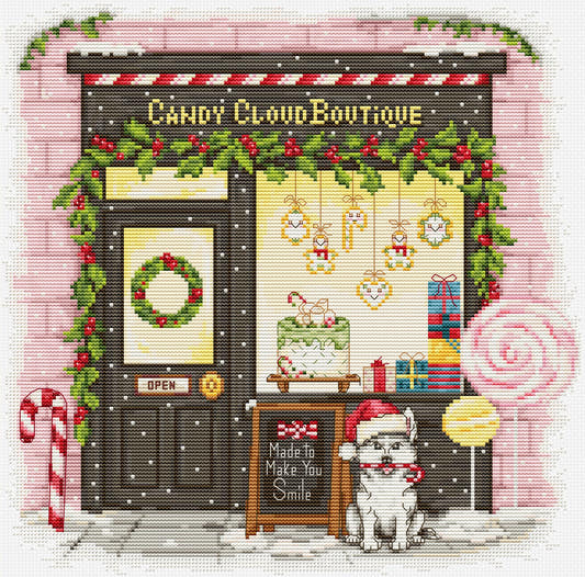 B1447 Kit punto croce Luca-S Candy Cloud Boutique – boutique natalizia con gatto, dolci e decorazioni