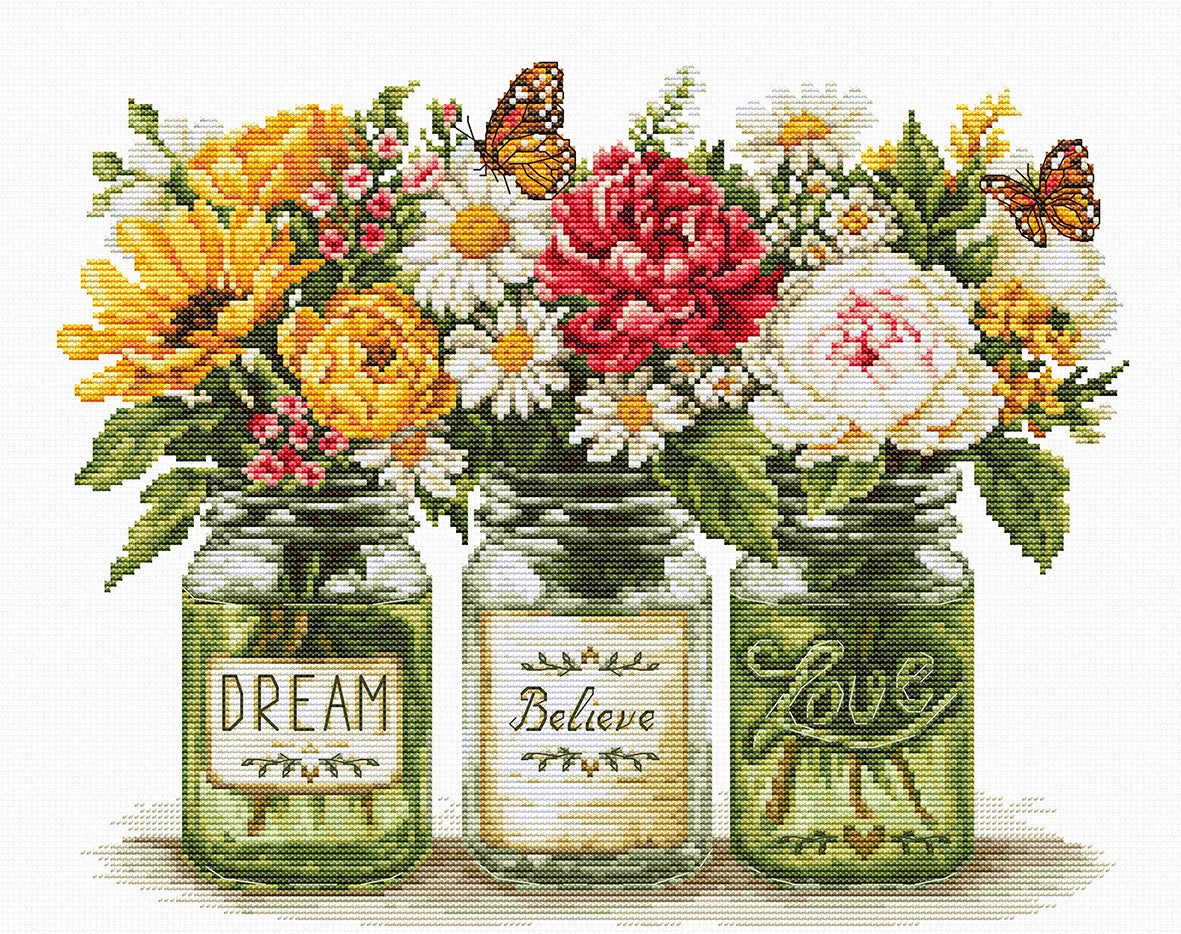 Three mason jars with floral bouquets and motivational phrases on a white background