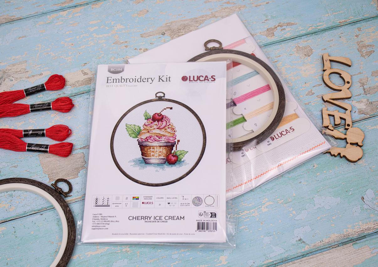 Cross Stitch Kit with Hoop Included Luca-S - Cherry Ice Cream, BC104 - Luca-S Cross Stitch Kits