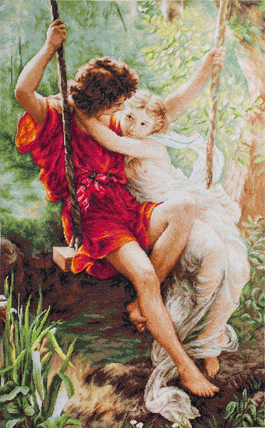 Kit completo da ricamo a mezzo punto Luca-S G415 – La primavera degli innamorati (The Spring of Lovers), coppia su un'altalena, opera di Pierre-Auguste Cot.
