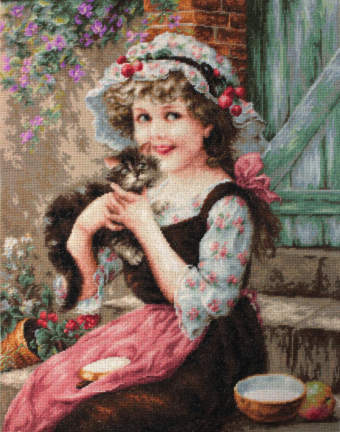 Kit completo da ricamo a mezzo punto Luca-S G538 – Gattina (The Little Kitten), bambina con cappello floreale che tiene in braccio un gattino