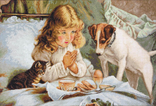 Kit completo da ricamo a mezzo punto Luca-S G557 – Preghiera (Prayer). Una bambina inginocchiata accanto al letto, con le mani giunte in preghiera e un cane al suo fianco.