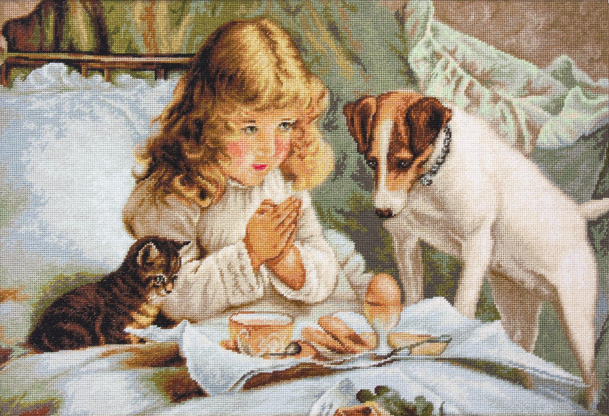 Kit completo da ricamo a mezzo punto Luca-S G557 – Preghiera (Prayer). Una bambina inginocchiata accanto al letto, con le mani giunte in preghiera e un cane al suo fianco.
