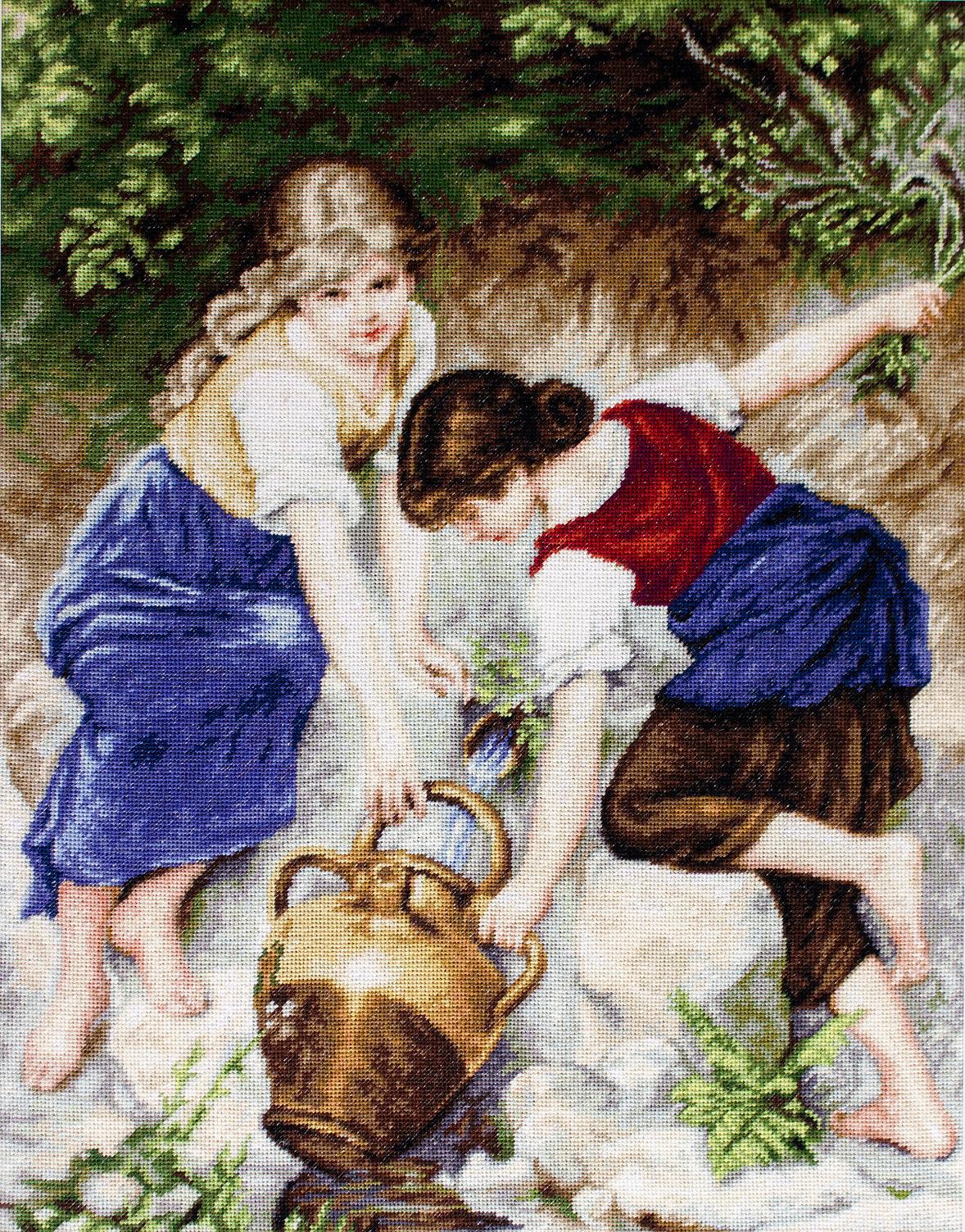 Kit completo da ricamo a mezzo punto Luca-S G564 – Alla Sorgente (At the Fountain). Due ragazze presso una sorgente, intente a raccogliere acqua con una brocca, in un paesaggio naturale.
