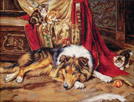 Kit completo da ricamo a mezzo punto Luca-S G585 – Un amico riluttante (A Reluctant Playmate), un cane sdraiato sul tappeto accanto a un gatto, in un interno rustico