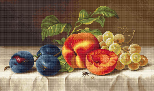 Kit completo da ricamo a mezzo punto Luca-S G592 – Natura morta (Still Life), natura morta con frutta colorata, tra cui pesche, uva e prugne su un tavolo