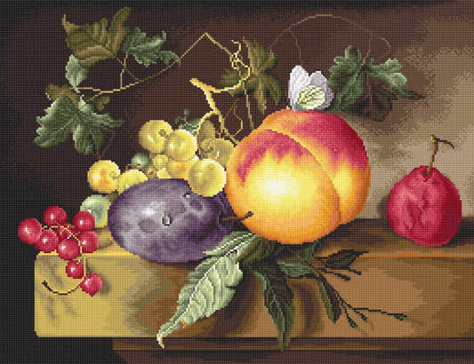 Kit completo da ricamo a mezzo punto Luca-S G593 – Natura morta (Still Life), natura morta con mele, uva, frutti rossi e foglie su un tavolo