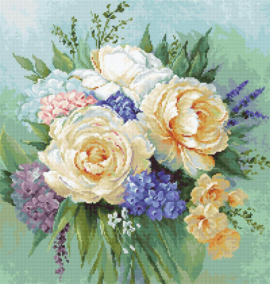Kit completo da ricamo a mezzo punto Luca-S G600 – Bouquet floreale (Floral Bouquet), bouquet di rose chiare e fiori lilla, con foglie verdi su sfondo tenue