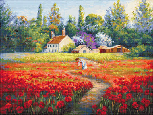 Kit completo da ricamo a mezzo punto Luca-S G607 – Indimenticabile (Not Forgotten), paesaggio con un grande campo di papaveri rossi, un sentiero e una figura in lontananza