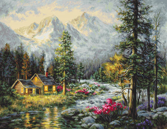 Kit completo da ricamo a mezzo punto Luca-S G610 – Chalet (Camper's Cabin), chalet in legno accanto a un ruscello, circondato da abeti, fiori e montagne innevate