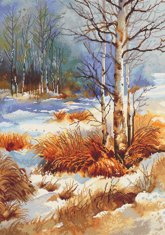 Kit completo da ricamo a mezzo punto Luca-S G611 – Autunno (The Autumn), paesaggio autunnale con betulle, arbusti dorati e prime tracce di neve