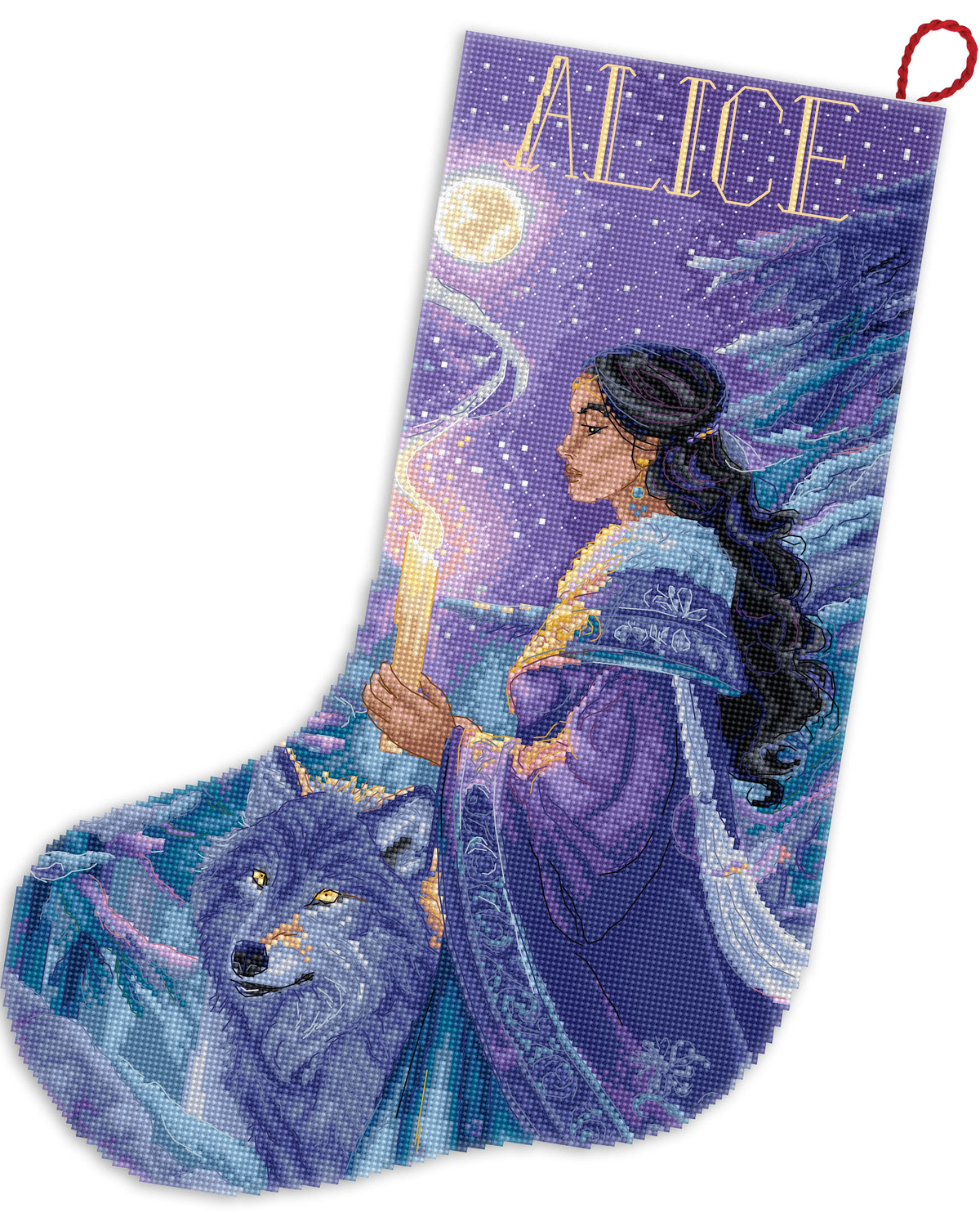 L10-002 Kit punto croce Letistitch Arctic Enchantress Stocking – calza natalizia fantasy con donna e lupo