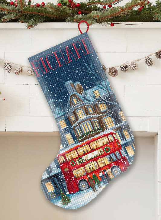 L10-003 Kit punto croce Letistitch London Christmas Bus Stocking – calza natalizia con autobus rosso di Londra