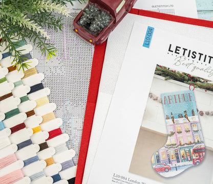 L10-004 Letistitch London Winter Charm Stocking – confezione e materiali del kit punto croce