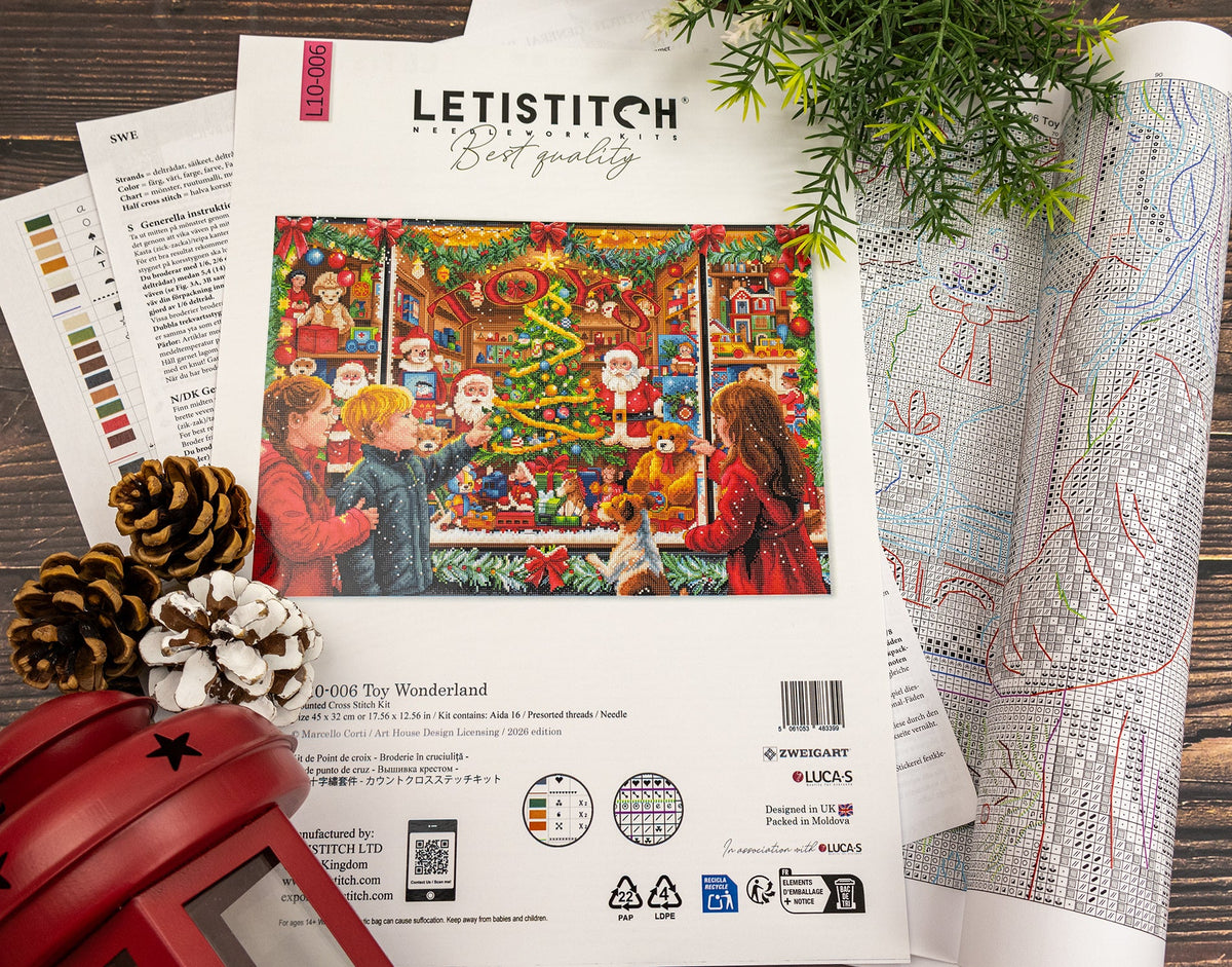 L10-006 Letistitch Toy Wonderland – kit punto croce con schema aperto e confezione natalizia