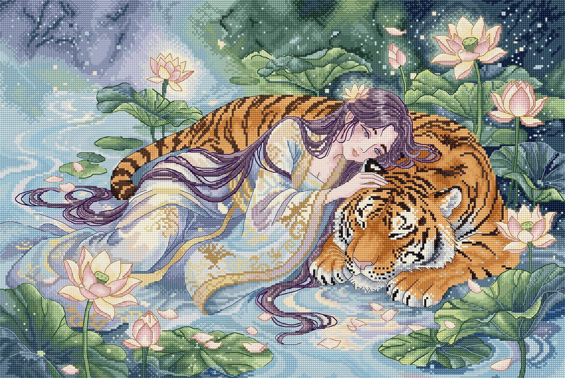 L10-014 Kit punto croce Letistitch Tiger’s Embrace – donna con tigre tra fiori di loto
