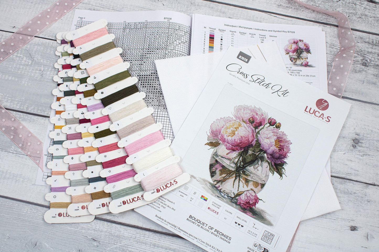 Luca-S B7028 cross stitch kit contents with Zweigart fabric and threads