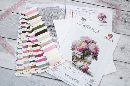 Luca-S B7028 cross stitch kit contents with Zweigart fabric and threads