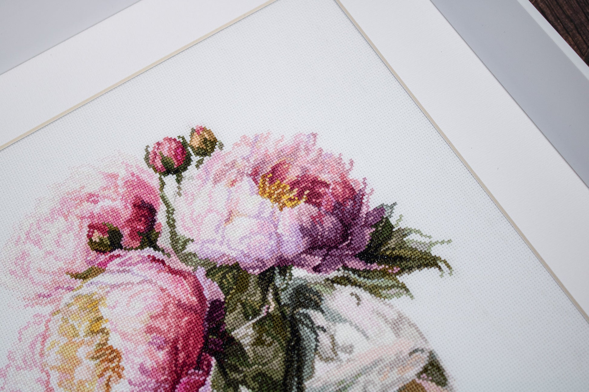 Close up of framed peonies embroidery Luca-S B7028 cross stitch design