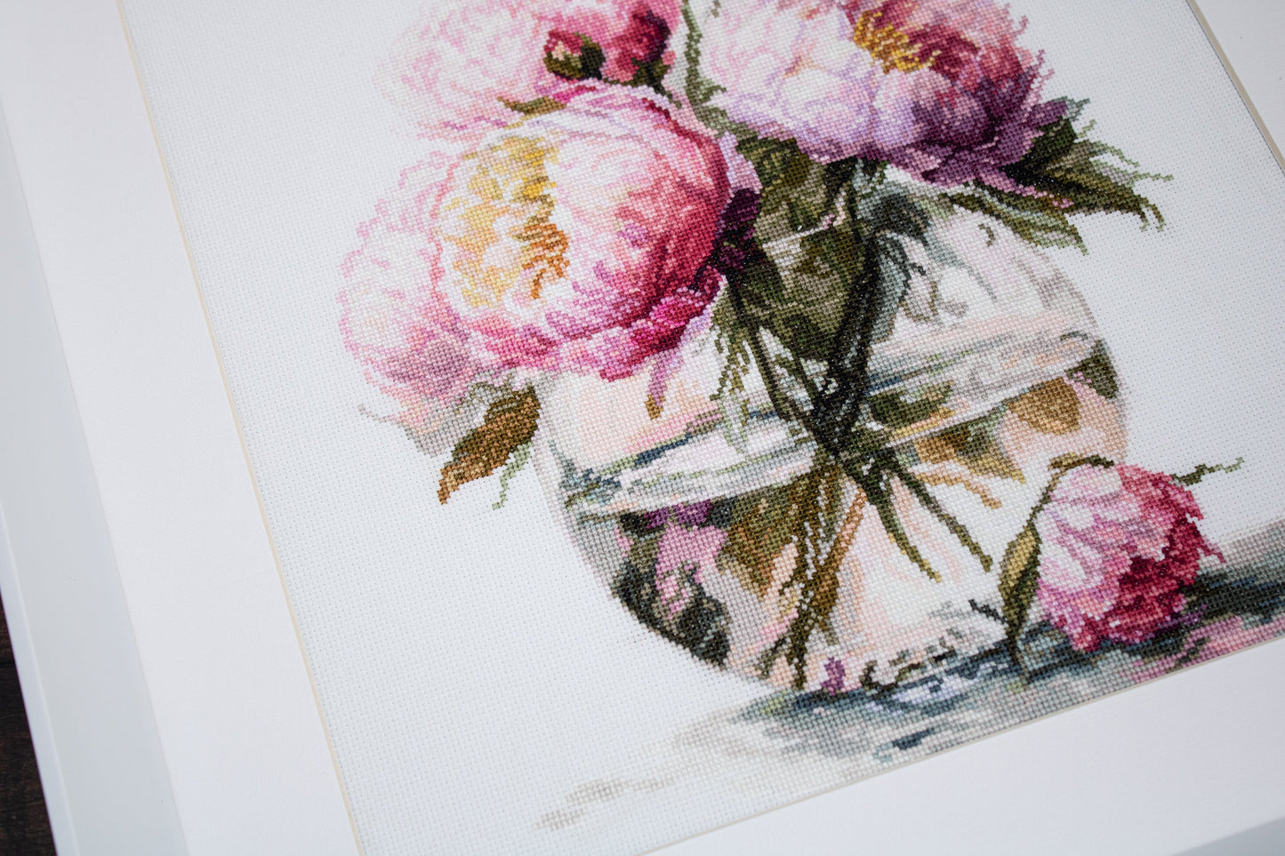 Detailed close up of peonies embroidery Luca-S B7028 cross stitch kit