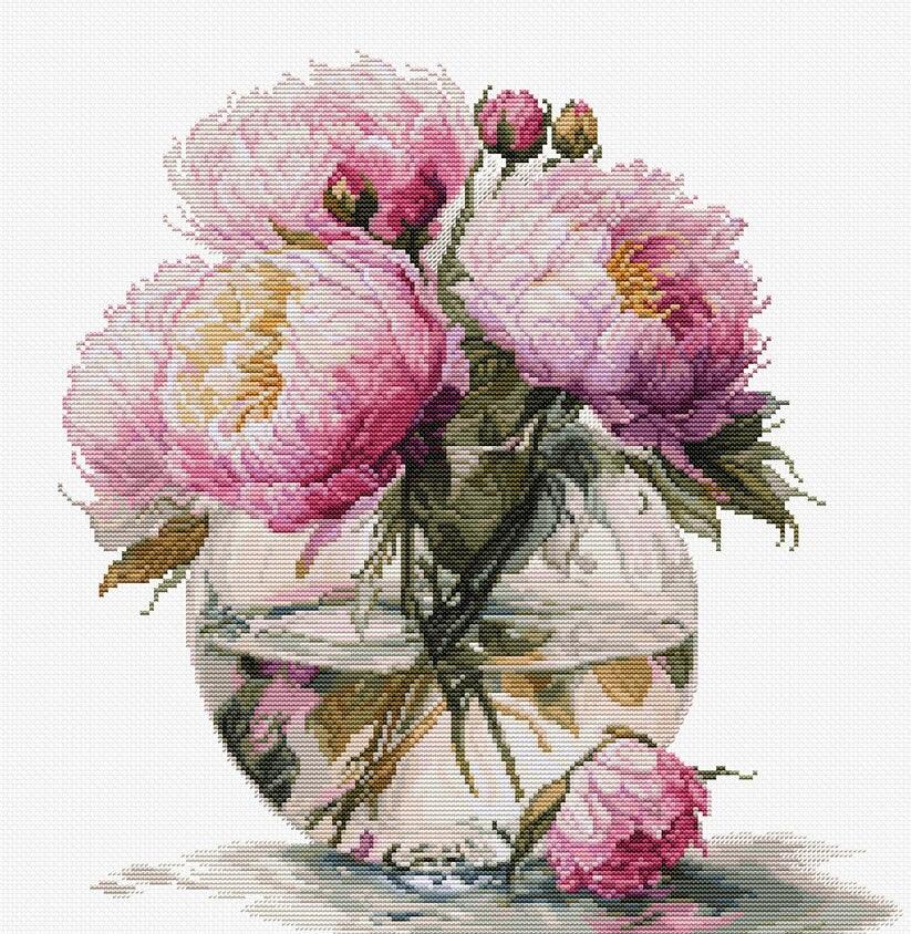 Luca-S Bouquet of Peonies B7028 cross stitch kit finished design