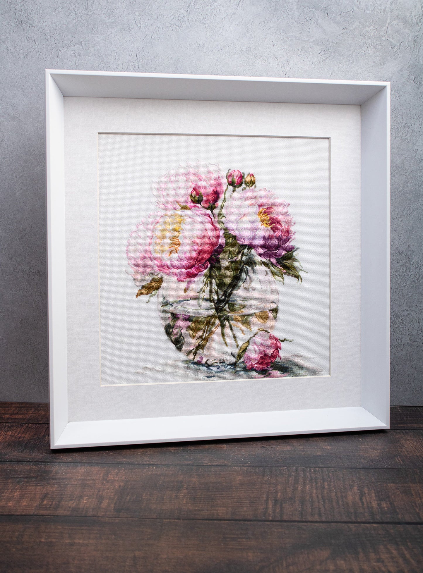 Framed Luca-S Bouquet of Peonies B7028 cross stitch finished artwork