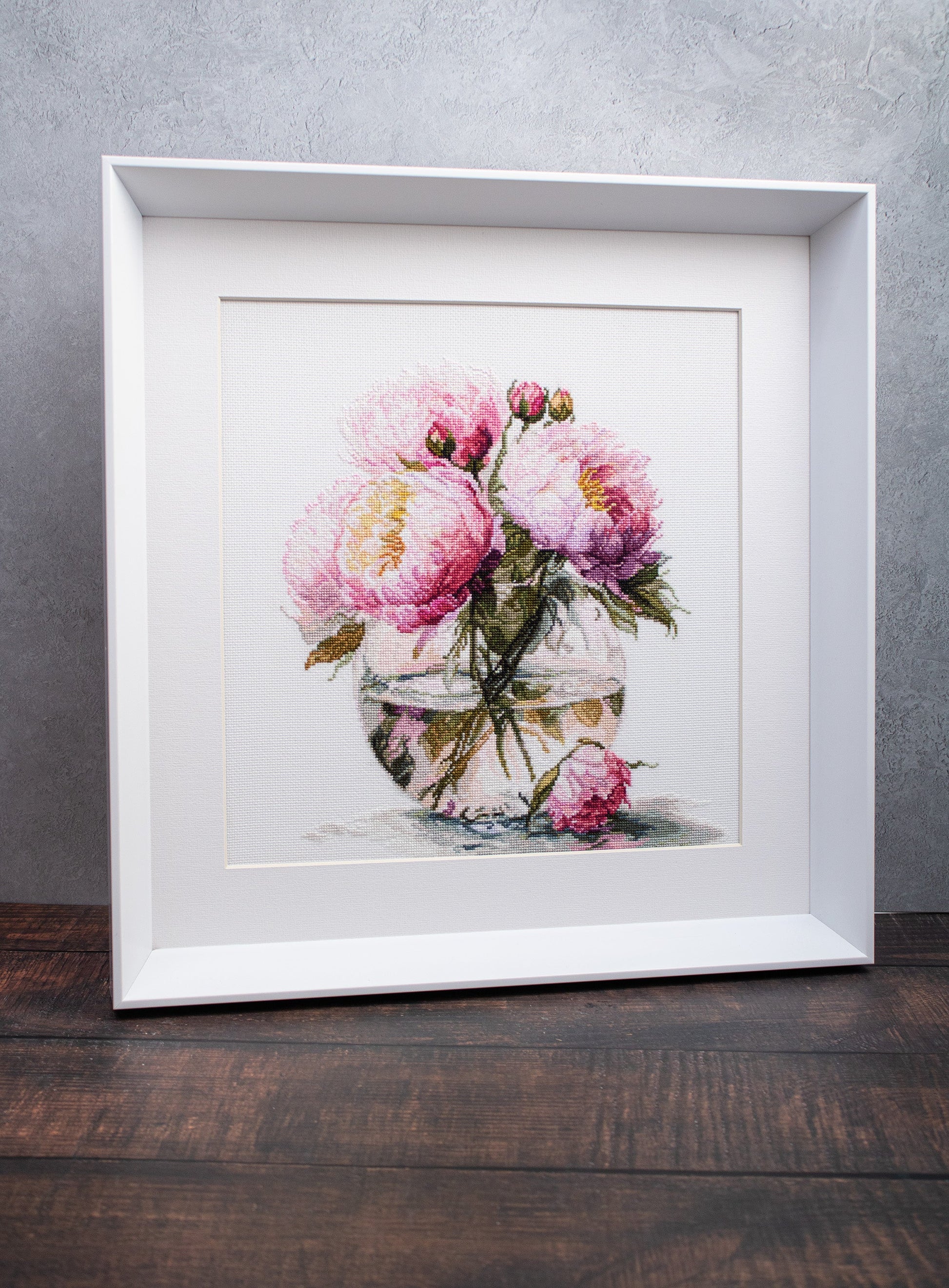 Framed Luca-S Bouquet of Peonies B7028 cross stitch finished artwork