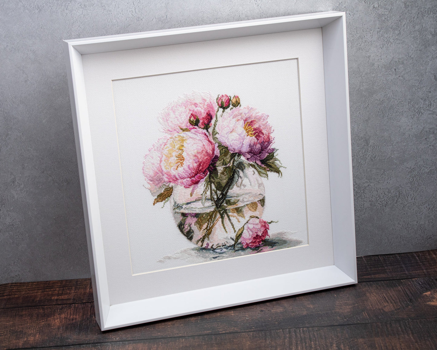  Luca-S Bouquet of Peonies B7028 framed embroidery displayed on a table