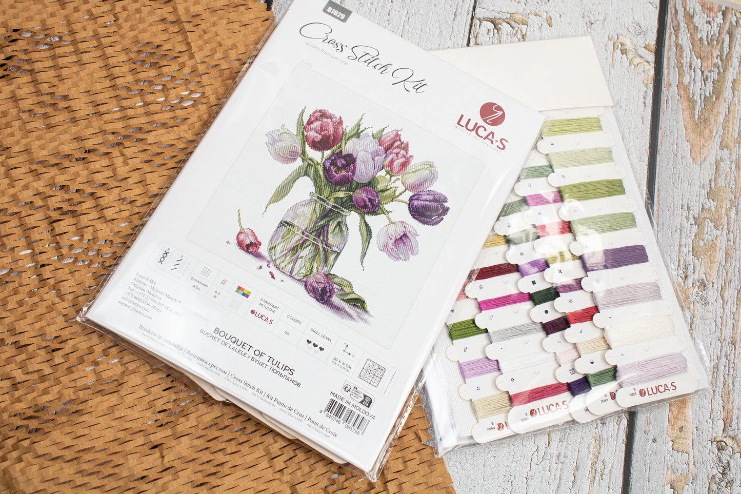 Luca-S B7029 cross stitch kit contents with threads and chart

