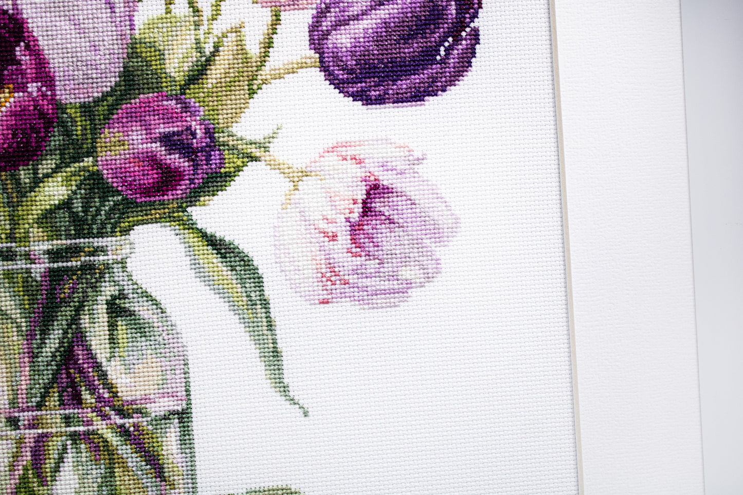 Angled view of framed Luca-S B7029 tulips cross stitch artwork