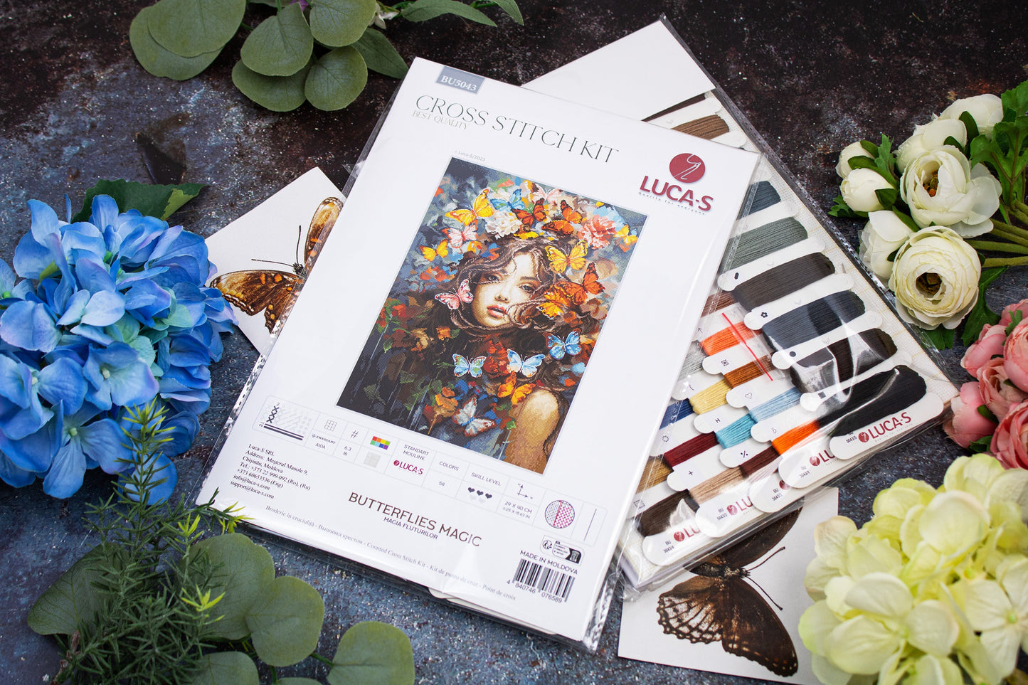 Luca-S BU5043 cross stitch kit contents with threads and chart