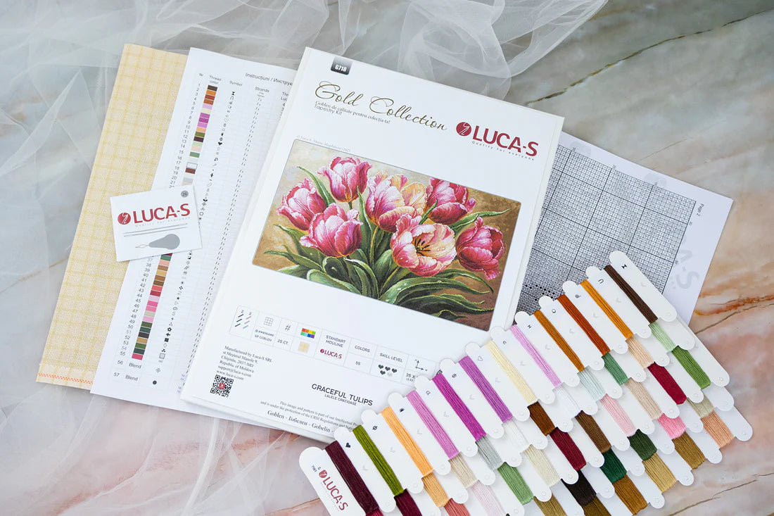 Luca-S G718 petit point kit contents with Zweigart canvas and threads