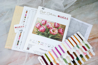Luca-S G718 petit point kit contents with Zweigart canvas and threads