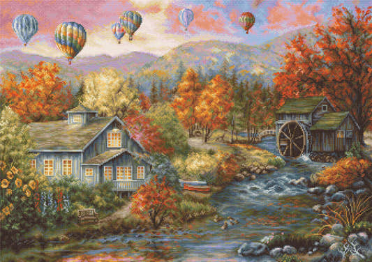Kit completo da ricamo a mezzo punto Luca-S G616 – Il mulino sul ruscello autunnale (Autumn Creek Mill), mulino ad acqua lungo un ruscello, alberi autunnali, case rustiche e mongolfiere nel cielo